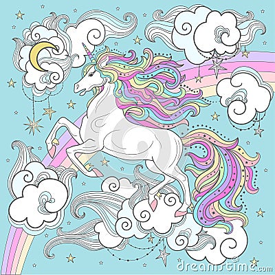 A beautiful white unicorn with a long mane on a background of rainbow and clouds. Vector Illustration